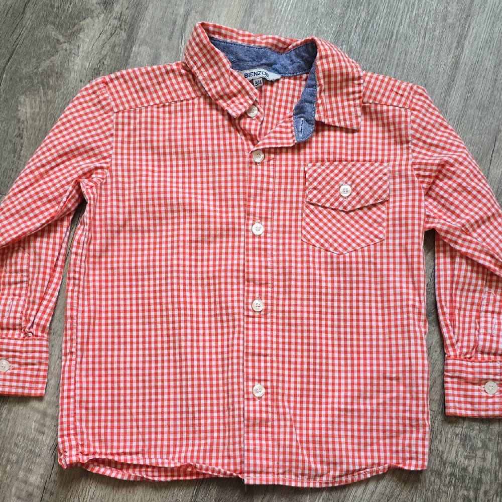 Bienzoe Boy's Cotton Plaid Button Down Long Sleeve Shirt - Orange/White - 3/4